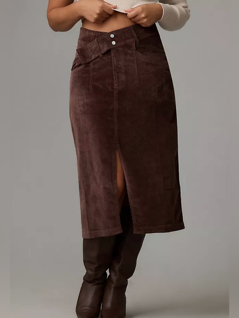 Pilcro Chocolate Brown Corduroy Ribbed Double Waist Midi  Slit Cottagecore Skirt